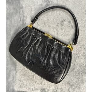 1950s Black Leather Frame Handbag Gold Hardware Mid-Century Classic Hedru Zipper